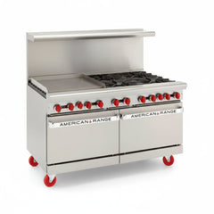American Range AR-24G-4B 48" Natural Gas 4-Burner Restaurant Range with 2 Standard Ovens & 24" Left Griddle Plate - 222,000 BTU