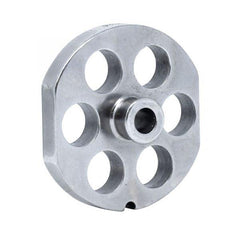 #22 Stainless Steel Machine Plate with Hub, Single Notch, and Flat Sides - 3-1/4" Diameter, 3/4" Hole Size - 11154