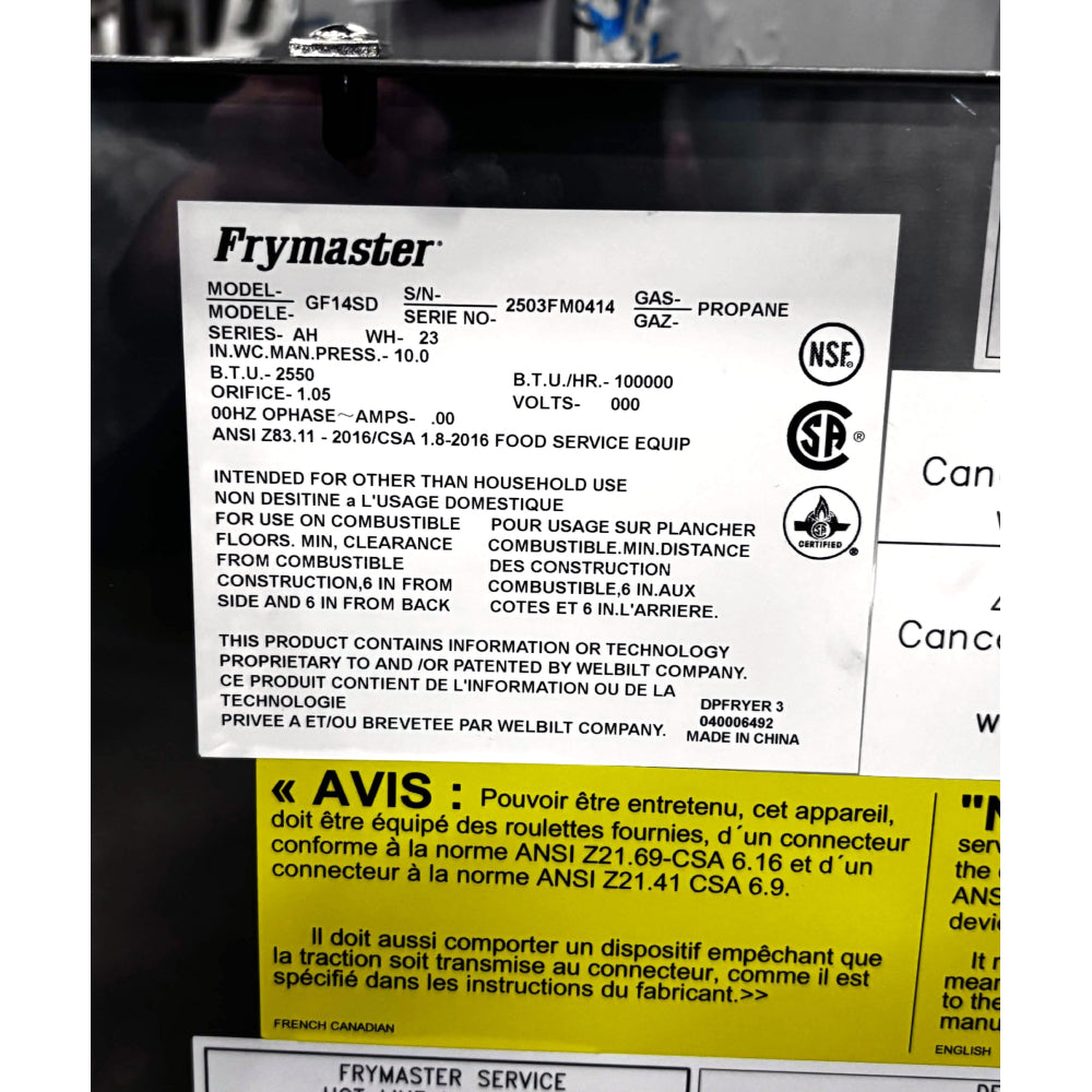 (SCRATCH & DENT) Frymaster GF14 40 Lb. Standard Liquid Propane Fryer - 100,000 BTU