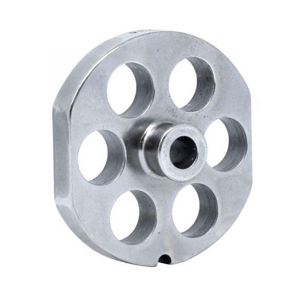#22 Stainless Steel Machine Plate with Hub, Single Notch, and Flat Sides - 3-1/4" Diameter, 3/4" Hole Size - 11154