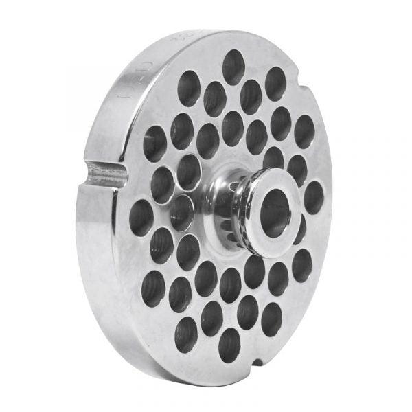 #32 Stainless Steel Machine Plate with Hub and Triple Notch - 3-15/16" Diameter, 3/8" Hole Size - 23564